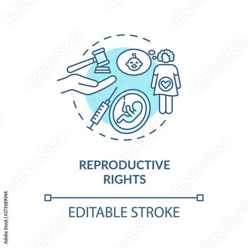 Reproductive rights concept icon. Childbirth legislation idea thin line illustration. Legal regulations and freedoms of reproduction. Vector isolated outline RGB color drawing. Editable stroke