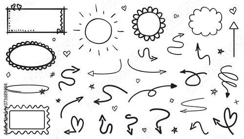 Infographic elements on isolated white background. Hand drawn simple signs and symbols. Line art. Black and white illustration. Doodles for artwork