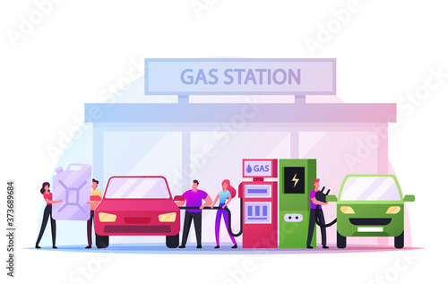 Refueling Car on Fuel Station. Man Pumping Petrol, Gasoline Oil and Charging Electric Auto. Vehicle Filling Service