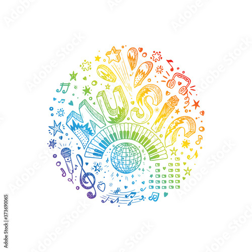 Vector Rainbow Music inscription. Hand drawn doodle Musical Symbol. Word Music 