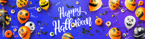 carte ou bandeau sur "happy halloween" en blanc sur un fond bleu avec des yeux, citrouille, ballon, chauve souris, sorcière