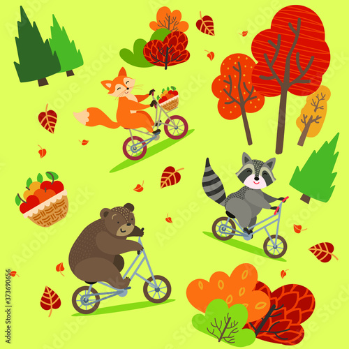 pattern  seamless  funny animals  fox  raccoon  bear  ride bicycles  on a light green background  autumn trees and bushes  basket with apples  for children  print  vector illustration