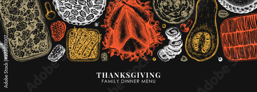 Thanksgiving food banner design in color. With roasted turkey, cooked vegetables, rolled meat, baking cakes and pies sketches. Vintage autumn food template. Vector Thanksgiving day background.