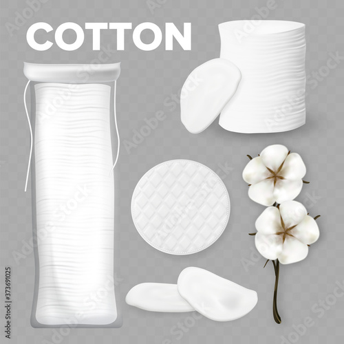 Cotton Flowers Buds Branch And Product Set Vector. Blossom Agricultural Natural Ripe Fluffy Cotton Bolls And Hygienic Skincare Accessory Pads Package. Template Realistic 3d Illustrations
