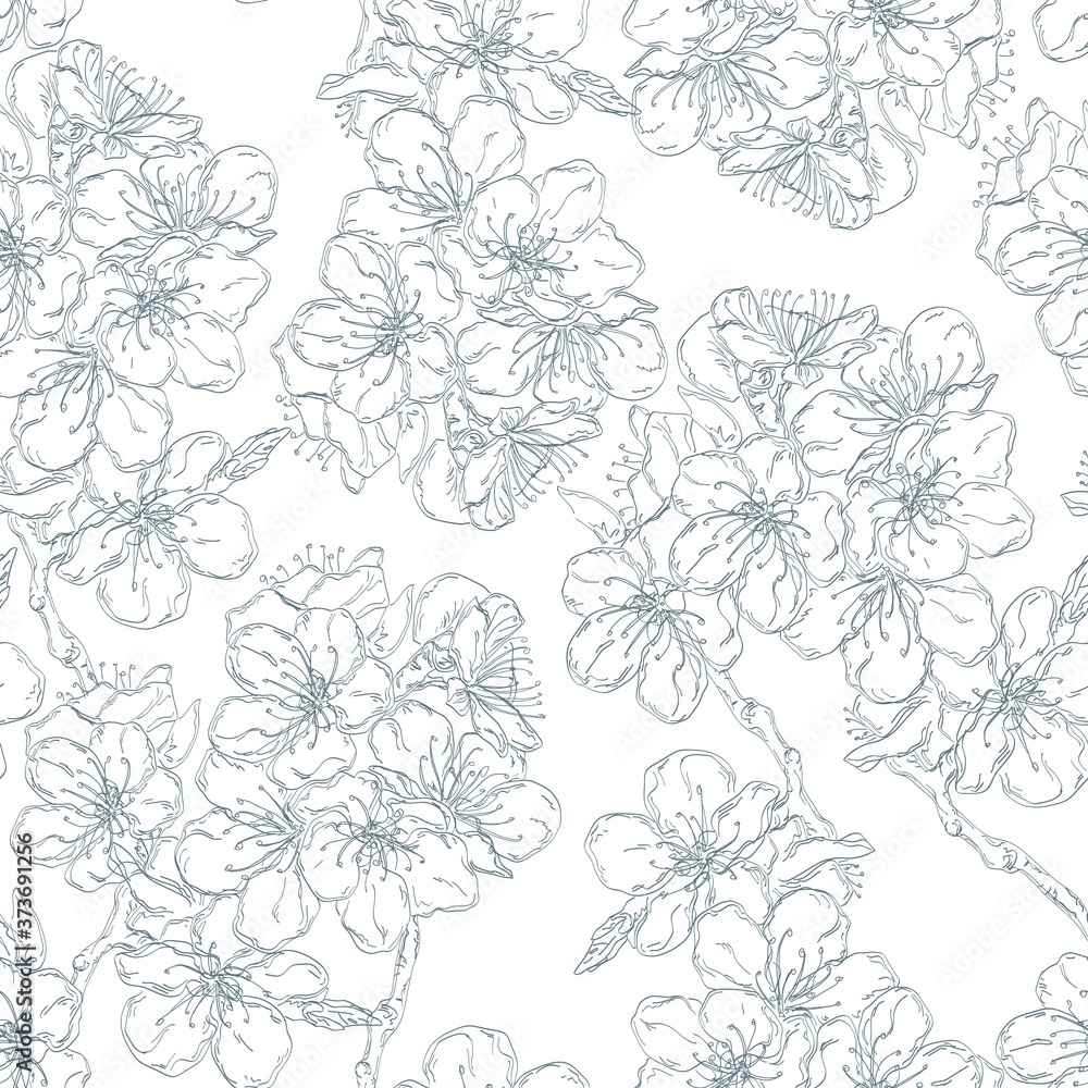 seamless pattern with branches of cherry flowers. pencil sketches. seamless pattern with branches of cherry flowers. pencil sketches.