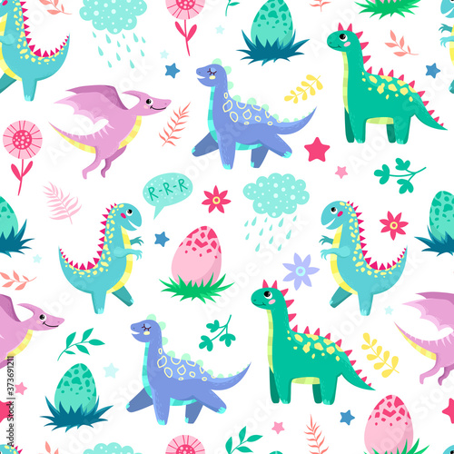 Little cute dinosaurs on a white background. Baby print, seamless pattern.