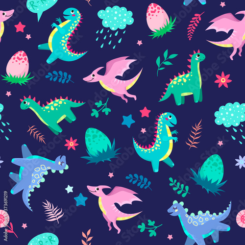 Cute colorful dinosaurs, prehistoric animals. Baby textile seamless pattern