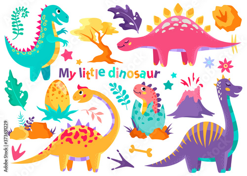 Set of cute colorful dinosaurs. Children's illustration, clip art