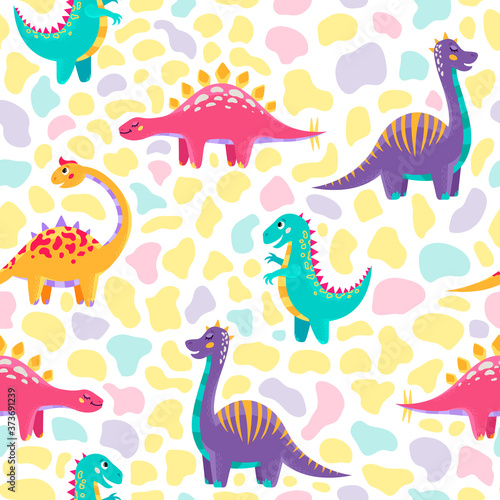 Cute colorful dinosaurs on a white background. Children s illustration  seamless pattern.