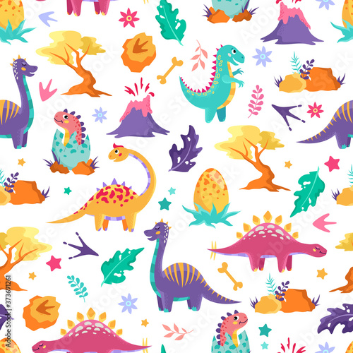 Little cute dinosaurs on a white background. Baby print, seamless pattern.
