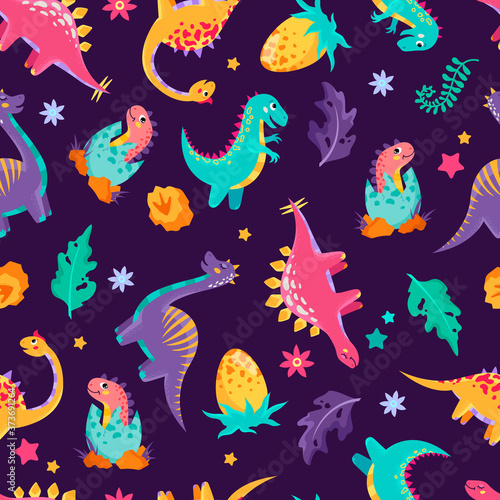 Cute colorful dinosaurs, prehistoric animals. Baby textile seamless pattern © Darya