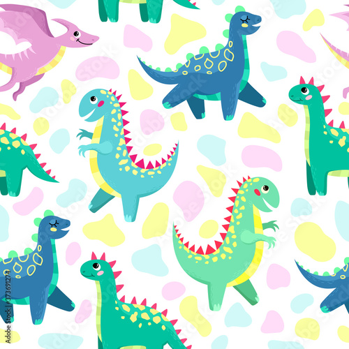 Cute colorful dinosaurs on a white background. Children s illustration  seamless pattern.