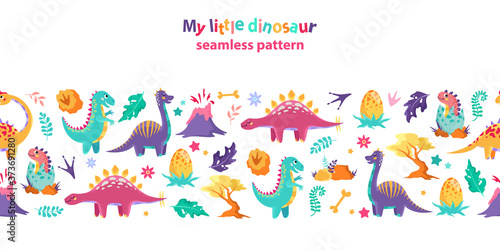 Childish seamless pattern  border. Cute little dinosaurs on a white background.
