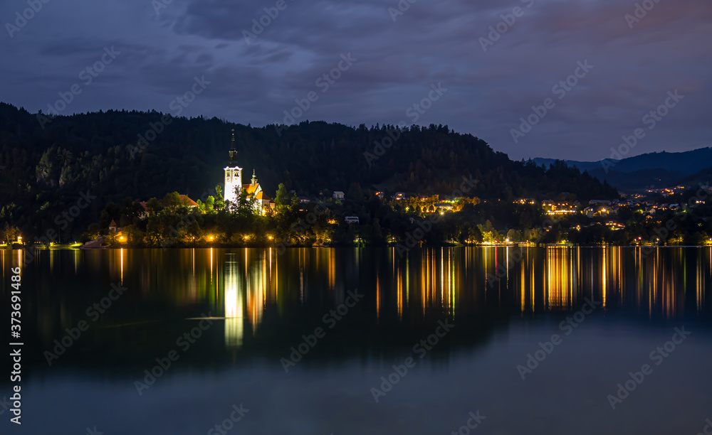 Evening blue hour at Bled lake in Slovenia
