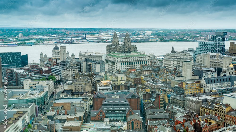 Liverpool, England - May 28, 2017: Aerial skyline view of Liverpool city centre from the Radio City Tower built in 1969.