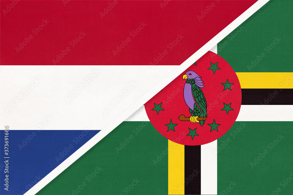 Netherlands or Holland and Dominica, symbol of national flags from textile. Championship between two countries.
