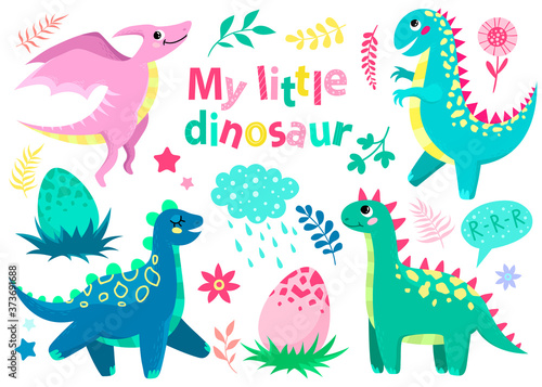 Set of cute colorful dinosaurs. Children s illustration  clip art