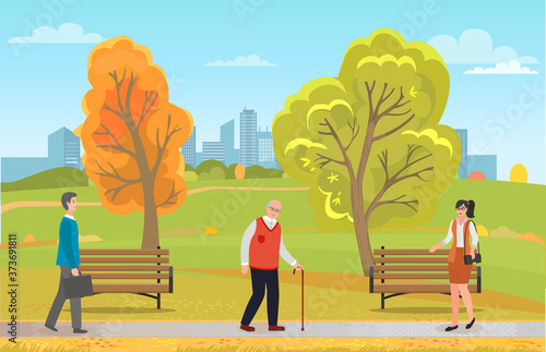 Different people walking in autumn park outdoors. Young man with case, old grey-haired man with walking stick, stylish business lady with bag wearing glasses. Buildings of city at background