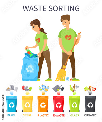 People sorting waste vector, volunteers sweeping floor and collecting gabage accorting to its type, containers for ewaste and paper, metal and organic