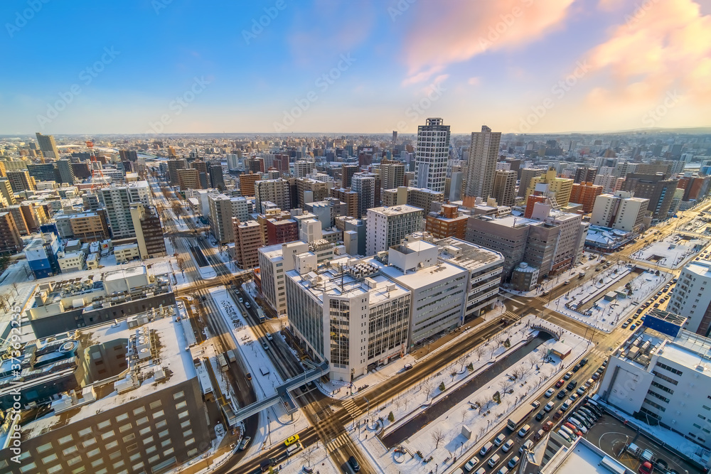 Obraz premium Sapporo city downtown skyline cityscape of Japan sunset