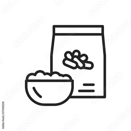 Rice package and bowl of porridge black line icon. Healthy, organic food. Proper nutrition. Isolated vector element. Outline pictogram for web page, mobile app, promo