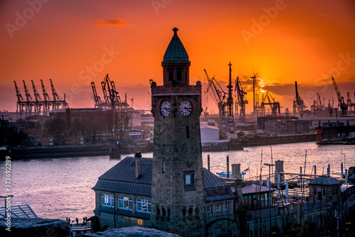 Hamburg at thelanding bridges (Landungsbruecken) with the shipyard in the St. Pauli district