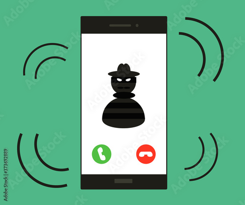 Fraudster on the smartphone screen. Phone call. Vector illustration.