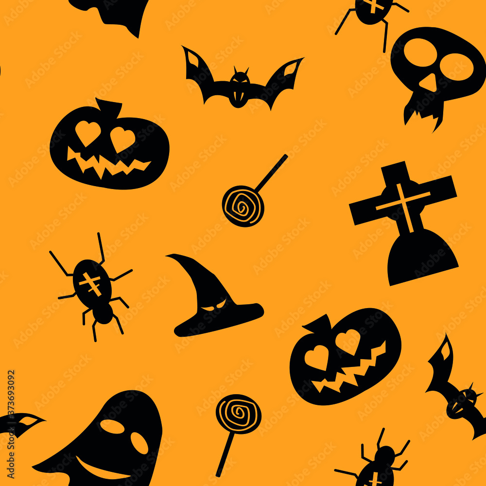 Halloween seamless pattern with pumpkins, hat, skull and grave with spider and other Halloween elements. Halloween vector background