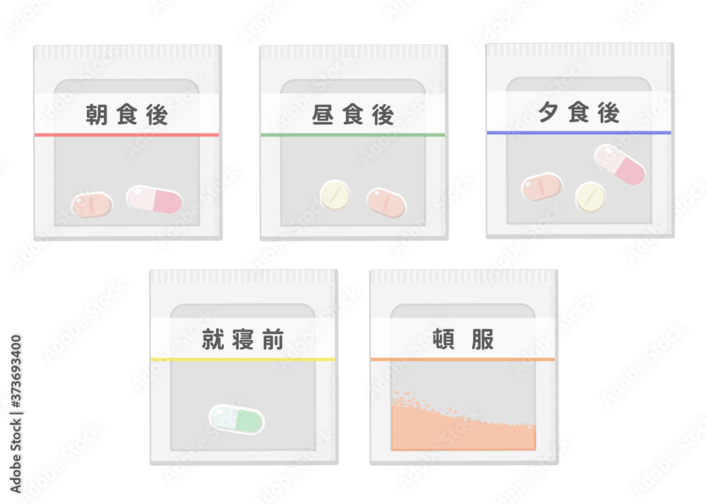 薬の一包化 イメージイラスト 朝 昼 夜 就寝前 頓服 五種類 Stock Vector Adobe Stock