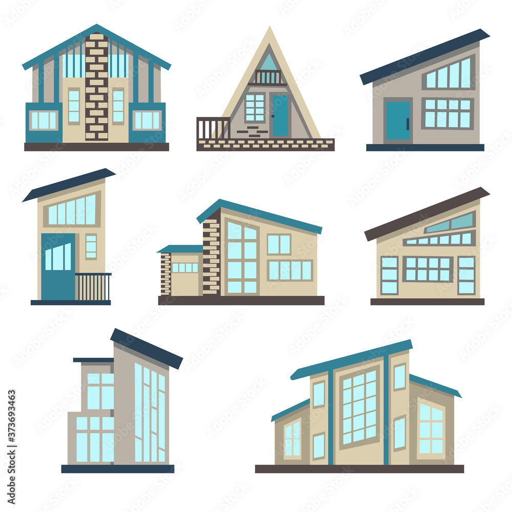 Set of ecological house icons and design elements. Сollection of cute houses drawn in cartoon style isolated on a white background. Vector illustration in flat style.