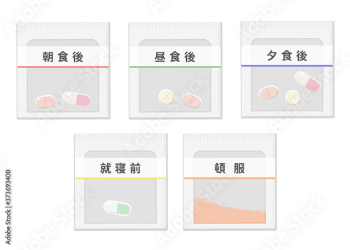 薬の一包化 イメージイラスト（朝、昼、夜、就寝前、頓服 五種類）