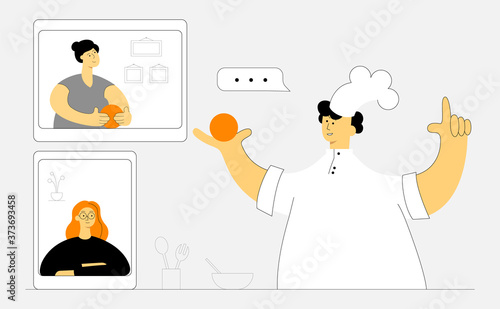 Online cooking. Chef teaching cooking skill through internet.