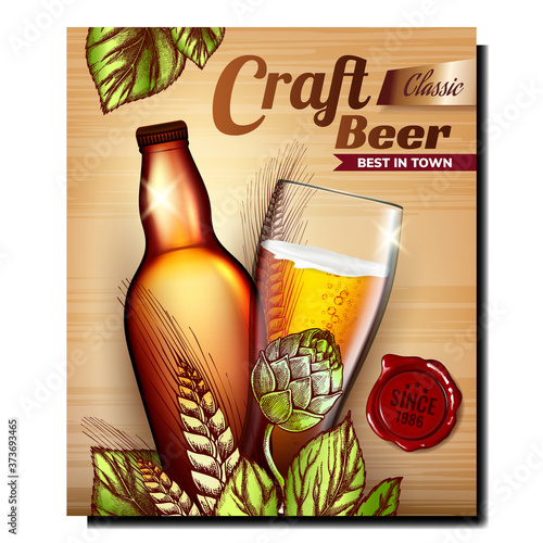 Beer Alcohol Product Promotional Banner Vector. Classic Beer Blank Bottle And Glass, Barley And Hops Ingredient For Brewing Drink Advertising Marketing Poster. Colorful Concept Template Illustration