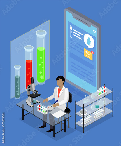 Online medical service. Laboratory assistant works in laboratory with microscope. Test tubes and flasks with liquids. The study of bio material. Analysis research. Medical office and equipment