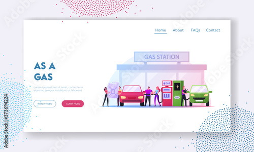 Characters Refueling Car on Fuel Station Landing Page Template. Man Pumping Petrol and Charging Electric Auto Service