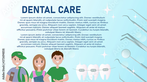 information banner for dental clinic. boys and girls with braces on their teeth enjoy a healthy smile. Dental services - orthodontic treatment and examination of teeth. Flat vector illustration