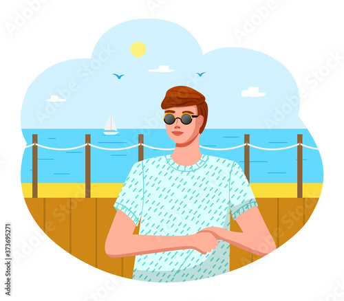 Man on the seafront. Boy on the beach. Sea background, seagulls, bright sun and sailboat. The cable fence. Travelling to a hot country. Hot climate, exotic vacation. Traveling and trip. Flat image