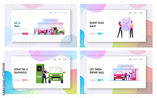 Characters Refueling Car on Fuel Station Landing Page Template Set. Man Pumping Petrol and Charging Electric Auto