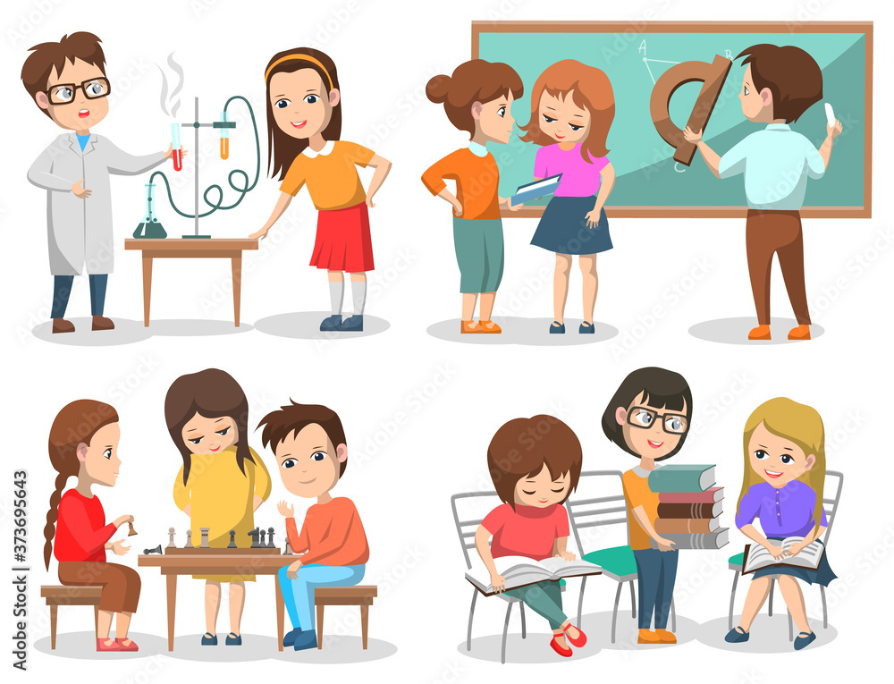 Pupils or students, school classes or lessons and hobby clubs vector. Chemistry and geometry, chess and literature, education, laboratory and classroom. Back to school concept. Flat cartoon Pupils or students, school classes or lessons and hobby clubs vector. Chemistry and geometry, chess and literature, education, laboratory and classroom. Back to school concept. Flat cartoon