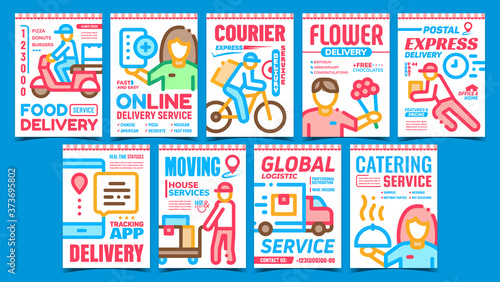 Delivery Service Advertising Posters Set Vector. Food And Flower Courier Delivering, Online Tracking Application, Catering And Moving Service Promo Banners. Concept Template Style Color Illustrations