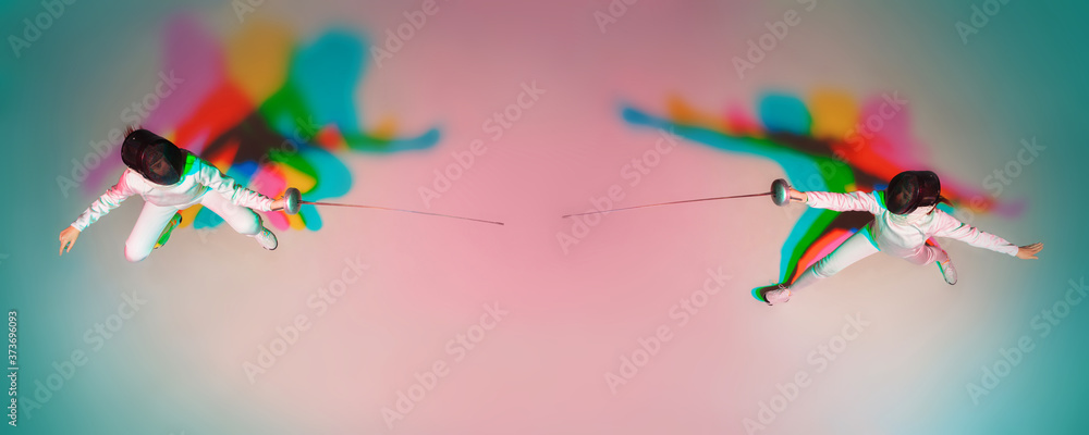 Fototapeta premium Collage of 1 teen girl in fencing costume with sword in hand on gradient background in neon light. Top view. Young model practicing, training in motion, action. Copyspace. Sport, youth, healthy