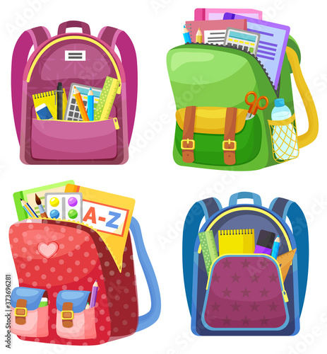 Colored school backpack. Education and study back to school, schoolbag luggage, rucksack vector illustration. Kids school bag with education equipment. Backpacks with study supplies. Student satchels
