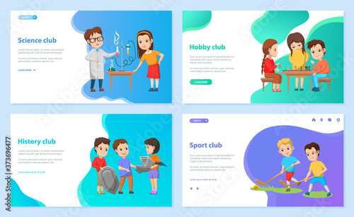 Science and hobby club vector, history and sportive activity, back to school concept. Kids at chemistry lesson, boy and girl with historic items, playing chess. Website or webpage template, page