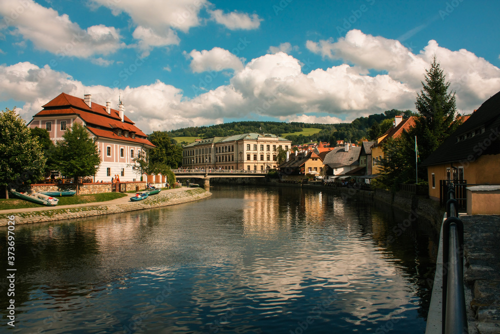view of river and buildings in Czech republic.
