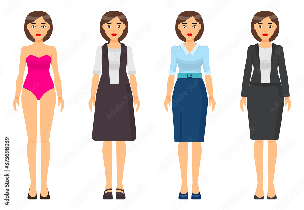 Set of cartoon characters. Woman brunette with short haircut wearing different clothes. Girl in pink underwear. Businesslady wear brown dress, blue skirt and blouse, grey office suit with jacket