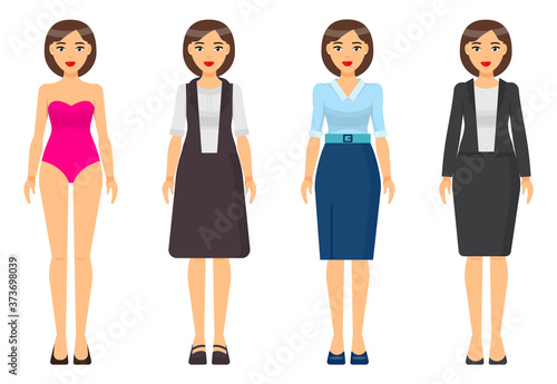 Set of cartoon characters. Woman brunette with short haircut wearing different clothes. Girl in pink underwear. Businesslady wear brown dress, blue skirt and blouse, grey office suit with jacket