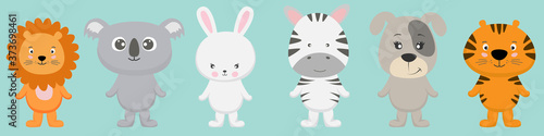 Cute cartoon characters animals lion, koala, bear, rabbit, bunny, zebra, dog, tiger kawaii flat style.