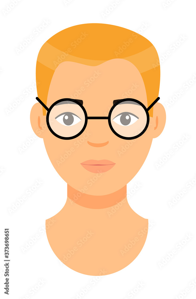 Cartoon character in glasses. Concept of avatar of young man with bad eyesight. Isolated at white background portrait of caucasian person. Blond-haired adult guy. Handsome male. Face of white man Cartoon character in glasses. Concept of avatar of young man with bad eyesight. Isolated at white background portrait of caucasian person. Blond-haired adult guy. Handsome male. Face of white man