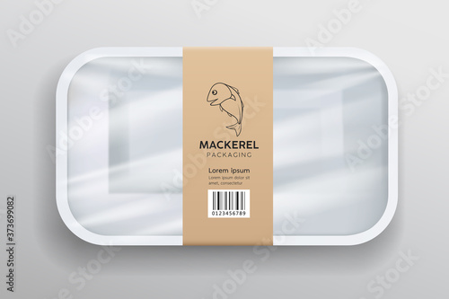Packaging mackerel fish label foam tray wrapped plastic, design on gray background, Eps 10 vector illustration