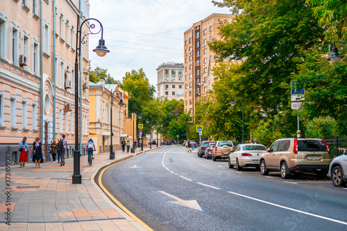 Moscow / Russia - 16 Aug 2020: Beautiful summer streets of Moscow, city life and architecture